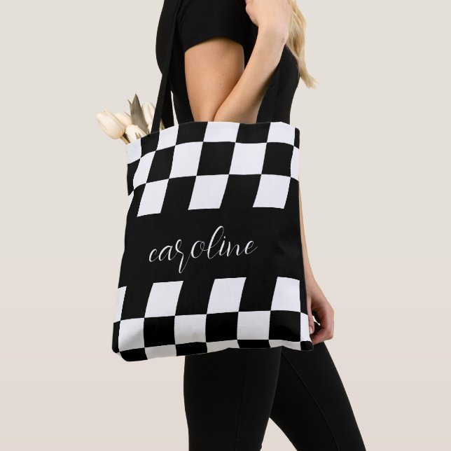 Black and White Minimalist Monogram Checkered Tote (Close Up)