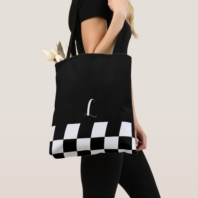 Black and White Minimalist Monogram Checkered Tote Bag (Close Up)