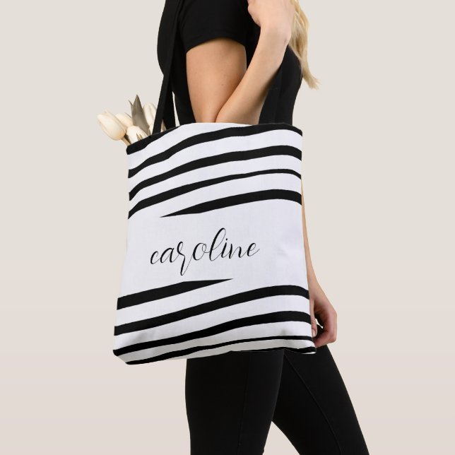 Black and White Minimalist Monogram Striped   Tote (Close Up)