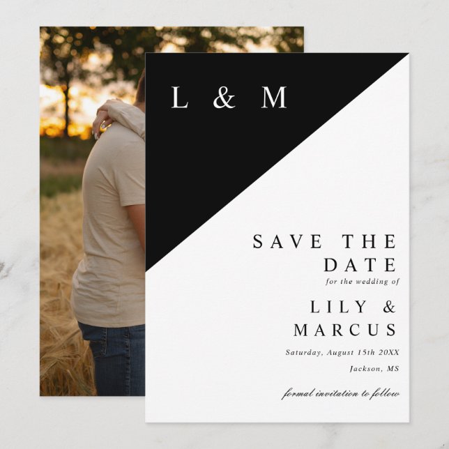 Black And White Minimalist Monogram Wedding Photo Save The Date (Front/Back)