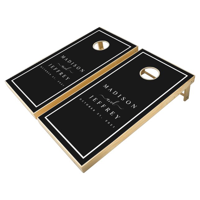 Black and White Minimalist Personalized Wedding Cornhole Set (Angled)