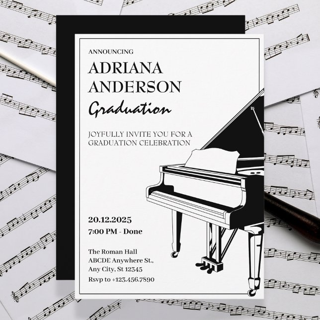 Black and white minimalist Piano graduation  Invitation (Creator Uploaded)