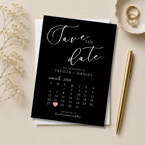 Black and White Minimalist Save The Date Calendar  Invitation