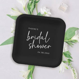 Black and White Minimalist Script Bridal Shower Paper Plates