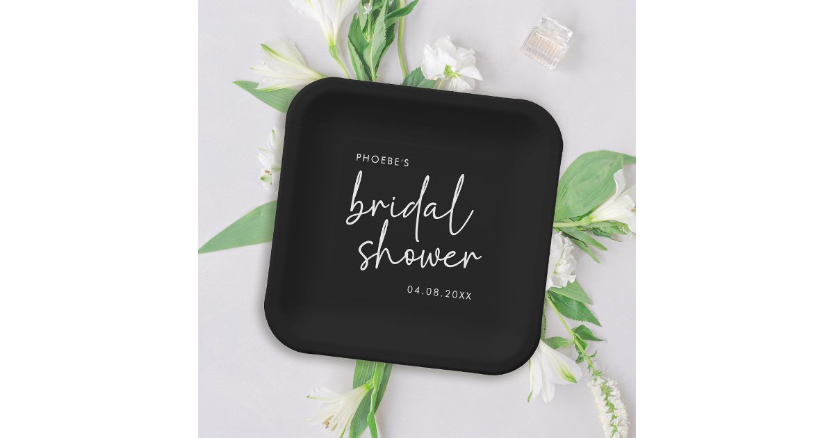 Black and White Minimalist Script Bridal Shower Paper Plates | Zazzle