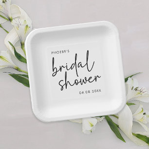 Black and White Minimalist Script Bridal Shower Paper Plates