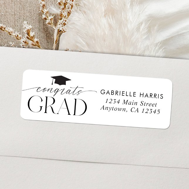 Black and White Minimalist Script Graduation Label (Black and White Minimalist Script | Graduation Return Address Label)