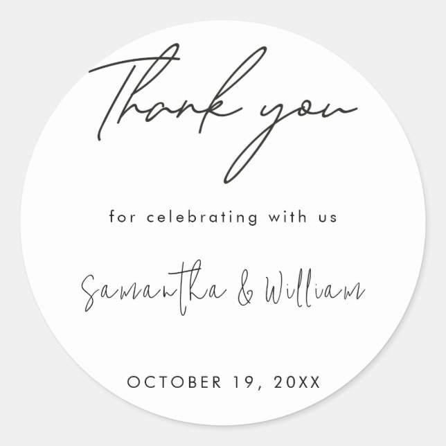 Black And White Minimalist Script | Modern Wedding Classic Round Sticker (Front)