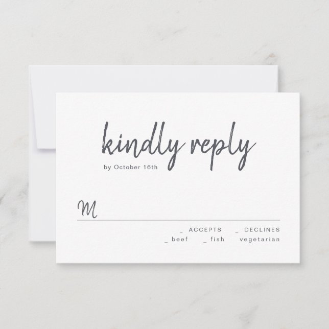 Black and white minimalist script wedding RSVP (Front)