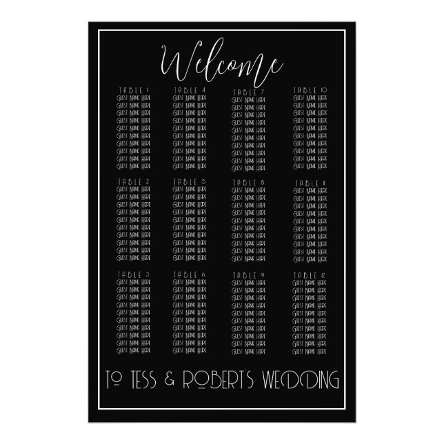 Black and White Minimalist Seating Chart Print (Front)