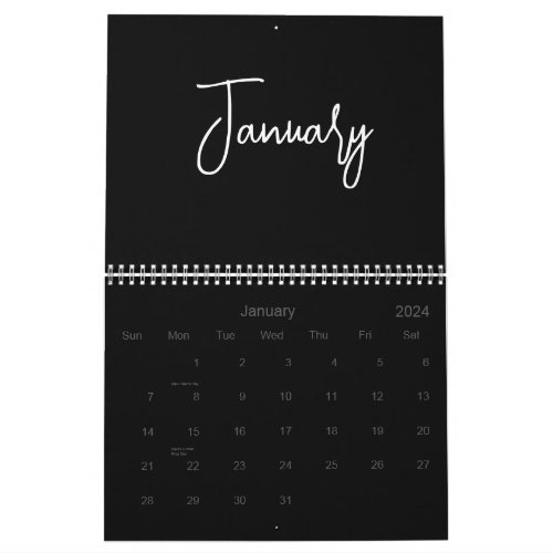 Black and White Minimalist Simple Script Any Year Calendar