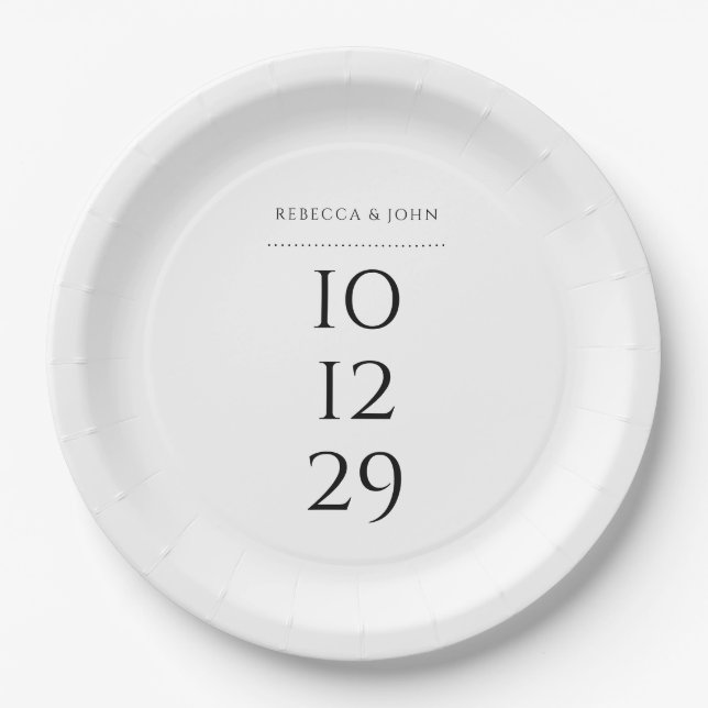 Black And White Minimalist Special Date Wedding Paper Plates (Front)