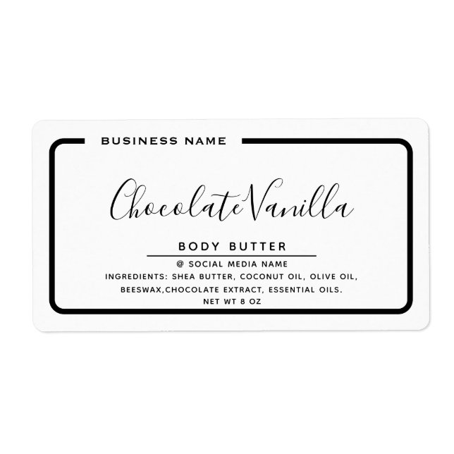 Black and white minimalist typography product label (Front)