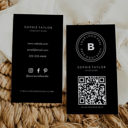 Black and White Minimalist Vertical Qr Code Business Card