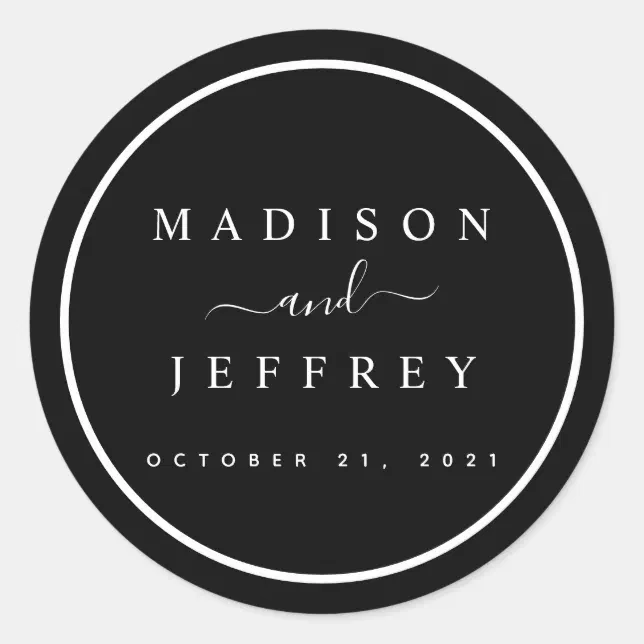 Black and White Minimalist Wedding Classic Round Sticker | Zazzle