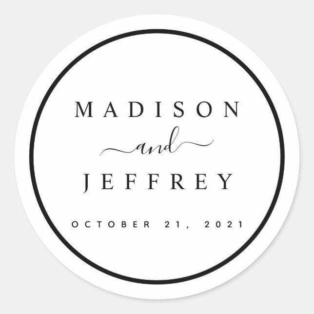 Black and White Minimalist Wedding Classic Round Sticker (Front)