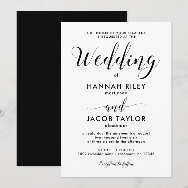 Black and White Minimalist Wedding Invitation (Front/Back)