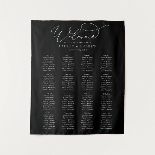Black and White Minimalist Wedding Seating Chart Tapestry (Front)