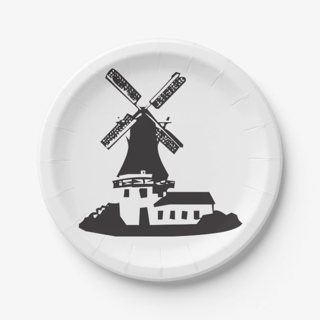 Black and White Minimalist Windmill Paper Plates (Front)
