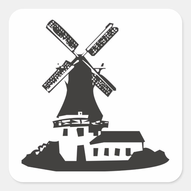 Black and White Minimalist Windmill Square Sticker (Front)