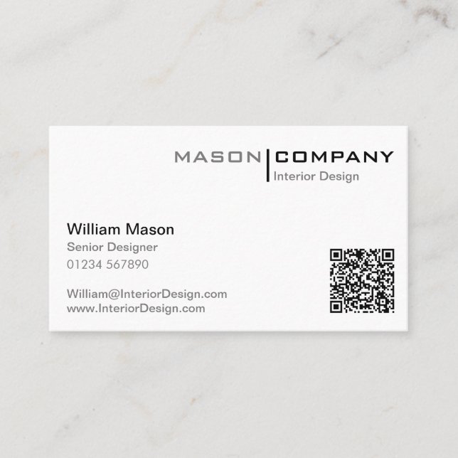 Black and White Minimalistic QR Code Business Card (Front)