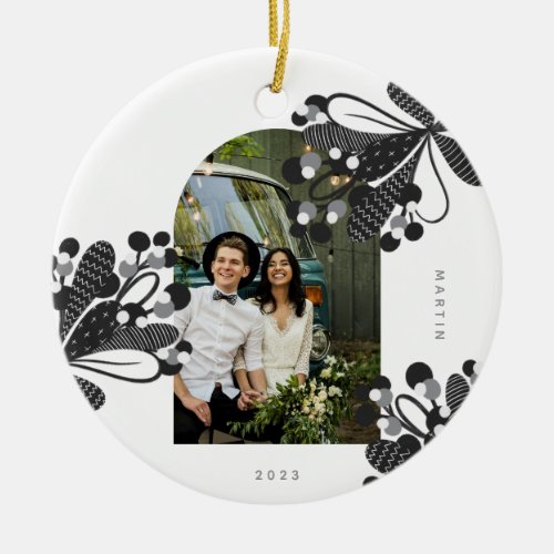 Black and White Mistletoe Couples Christmas Ceramic Ornament