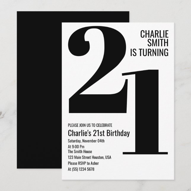 Black and White Modern 21st Birthday Party Invitation (Front/Back)
