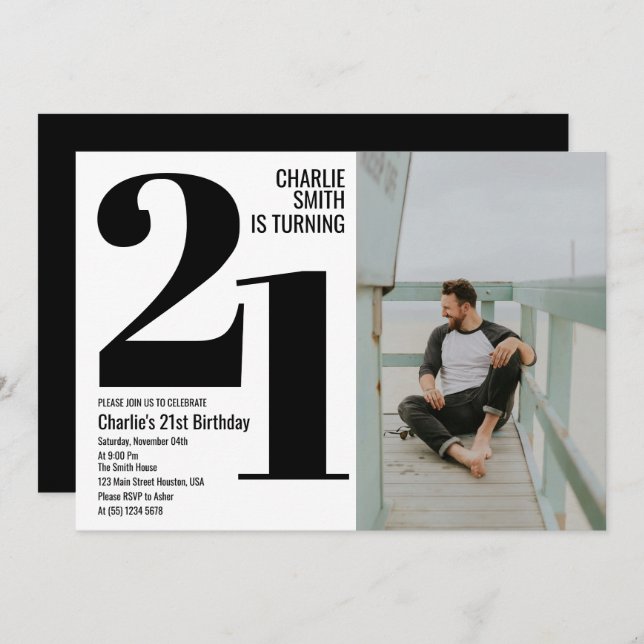 Black and White Modern 21st Birthday Party Photo Invitation (Front/Back)