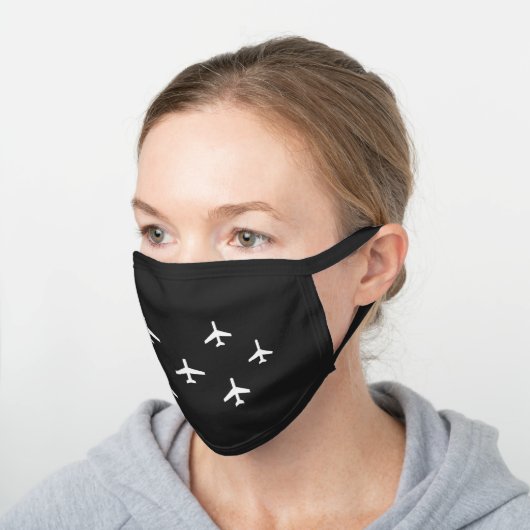 Black and White Modern Airplanes Pilot Black Cotton Face Mask (Angled)