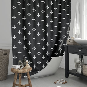 Black and White Modern Airplanes Pilot Shower Curtain