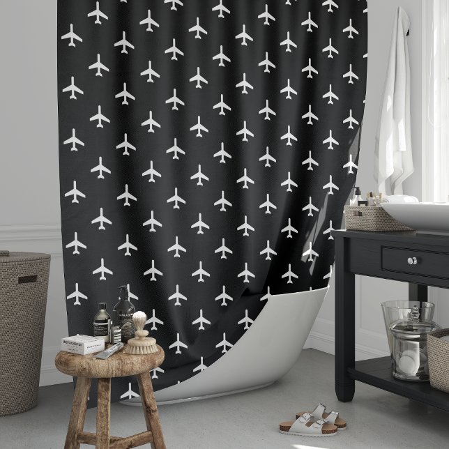 Black and White Modern Airplanes Pilot Shower Curtain (Creator Uploaded)