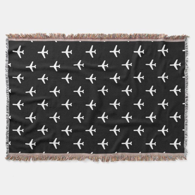 Black and White Modern Airplanes Pilot Throw Blanket (Front)