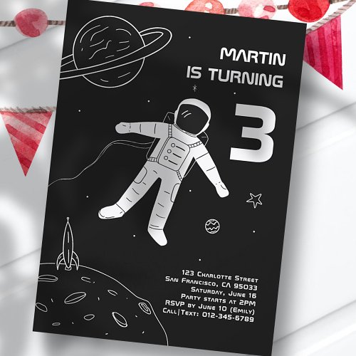 Black and White Modern Astronaut Space Birthday Invitation