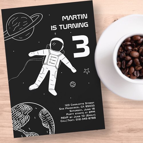 Black and White Modern Astronaut Space Birthday Invitation