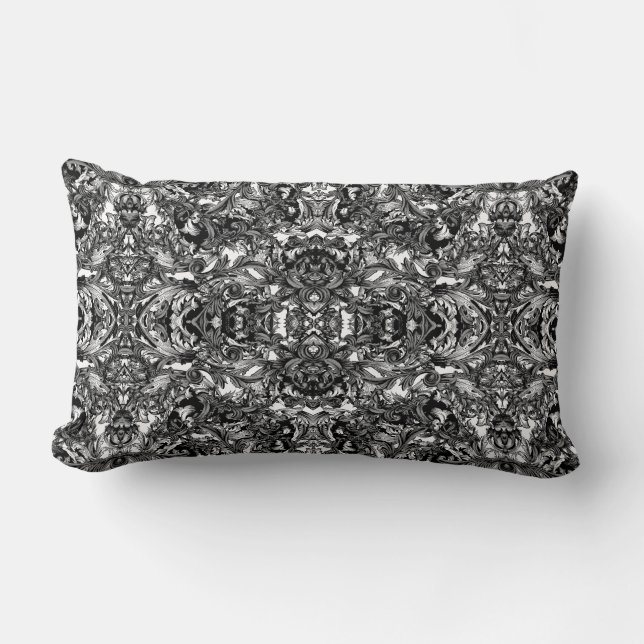 BLACK AND WHITE MODERN BAROQUE ORNAMENTAL  FLEECE  LUMBAR PILLOW (Front)
