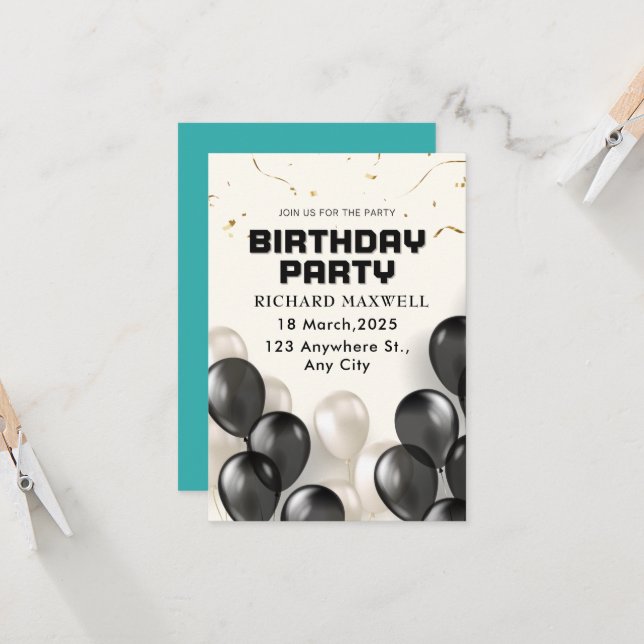 Black And White Modern Birthday Party Invitation (Front/Back In Situ)