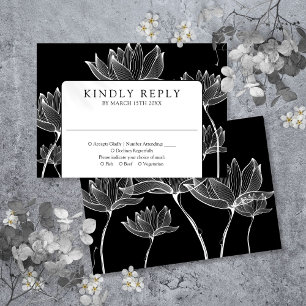 Black And White Modern Botanical Floral Wedding RSVP Card