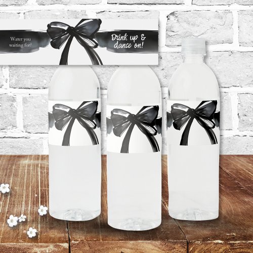 Black and White Modern Bow Water You Waiting For Water Bottle Label