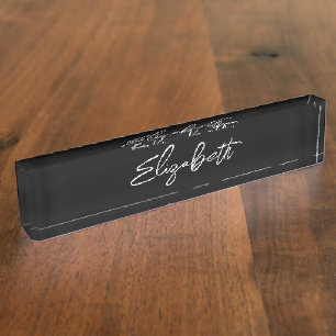 Black and White Modern Brush Script Desk Name Plate