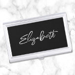 Black and White Modern Brush Script First Name Business Card Case<br><div class="desc">A first name business card case holder for her. The script is a lovely, brush stroke modern handwritten script that is a perfect gift for her. The decorative brush stroke style may require you to re-center your given name. You may also customize the white font color and calligraphy style. The...</div>