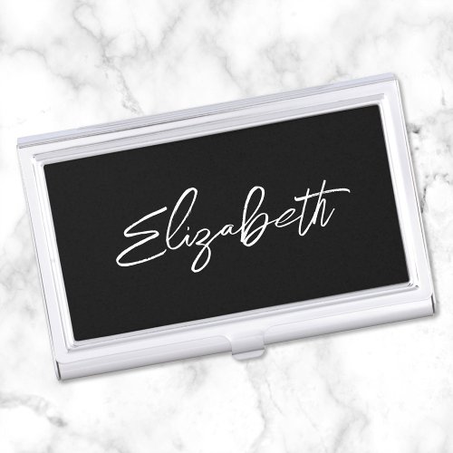 Black and White Modern Brush Script First Name Business Card Case