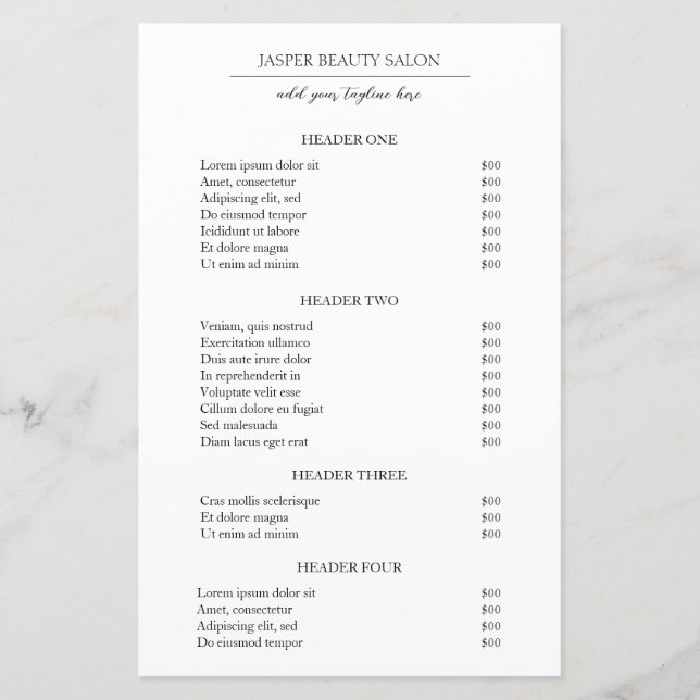 Black and White Modern Business Price List (Front)