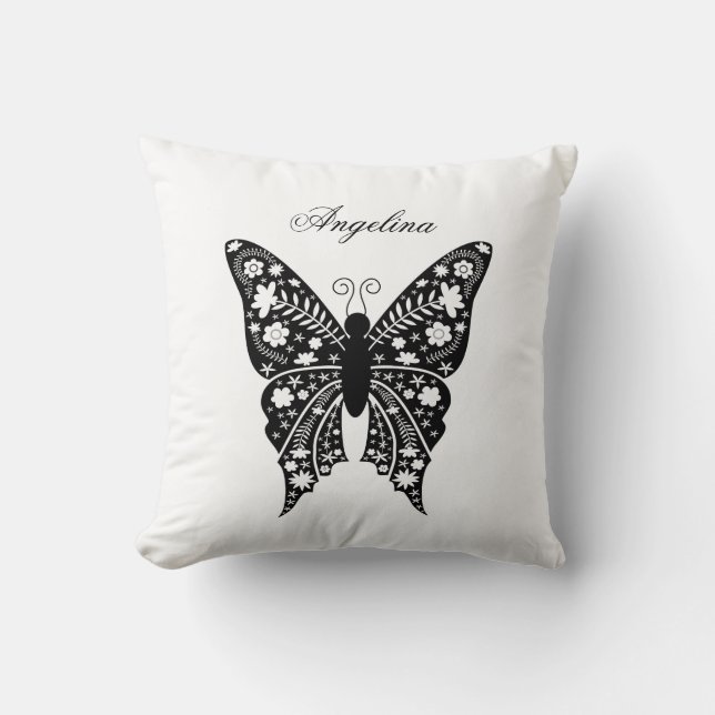 Black and White Modern Butterfly Name Throw Pillow (Front)