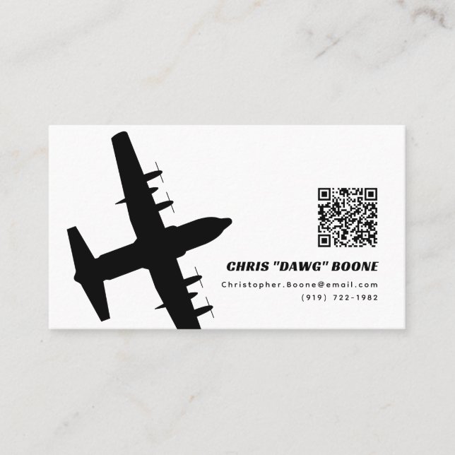 Black and White Modern C-130 Aircraft Business Card (Front)