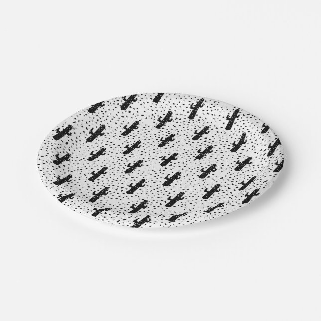 Black and White Modern Cactus and Triangle Geo Paper Plates (Angled)