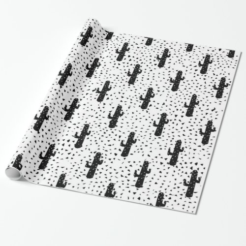 Black and White Modern Cactus and Triangle Geo Wrapping Paper