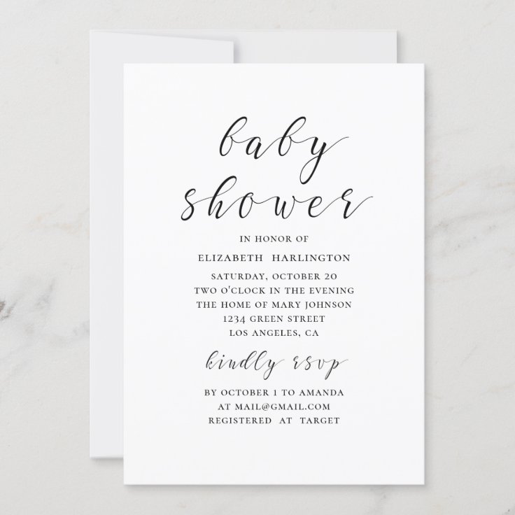 Black and white modern calligraphy baby shower invitation | Zazzle