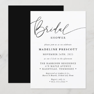 Black And White Modern Calligraphy Bridal Shower Invitation