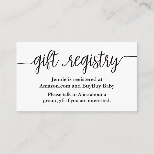 Black and White Modern Calligraphy Gift Registry Enclosure Card (Front)