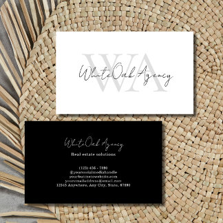Black and White Modern Calligraphy Script Monogram Business Card